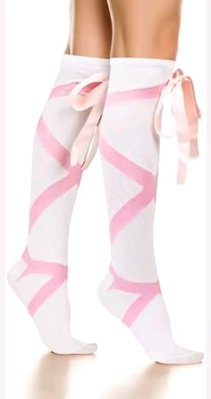 Chinese Laundry Knee-high White Socks Crisscross Pink Ribbon And Bows A74